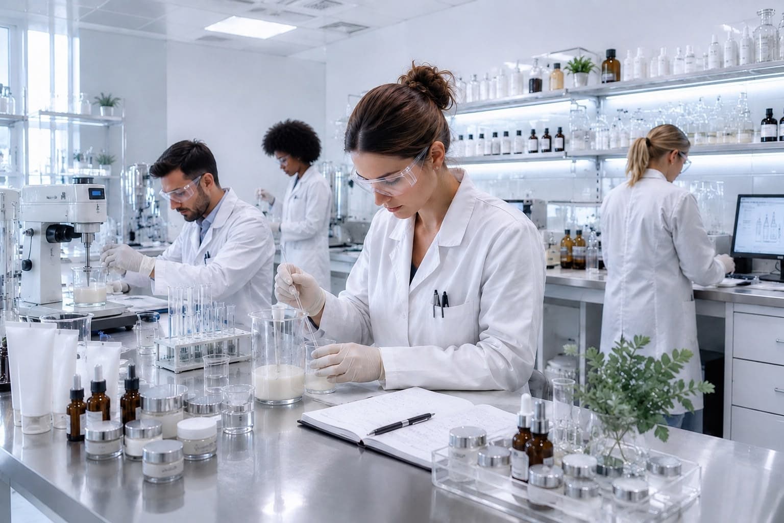 Équipe de formulation cosmétique au travail